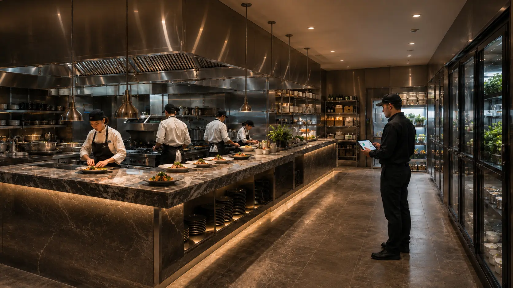 Un technicien consulte une tablette près des réfrigérateurs d'une cuisine de restaurant pendant que les chefs dressent les assiettes au passe.