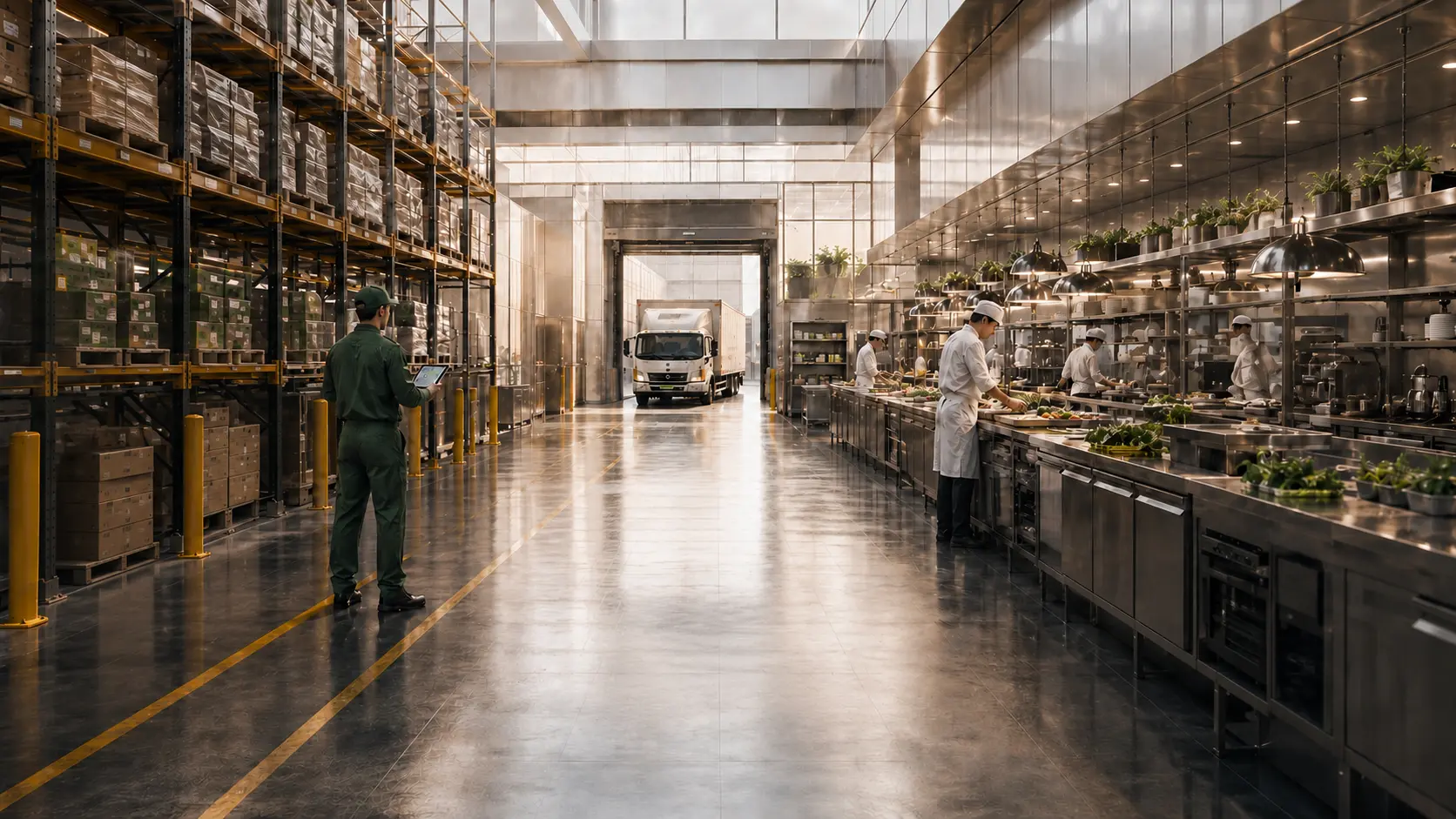 Un technicien muni d'une tablette dans l'allée d'un site agroalimentaire, entre des rayonnages d'entrepôt pleins et une cuisine professionnelle en plein service.