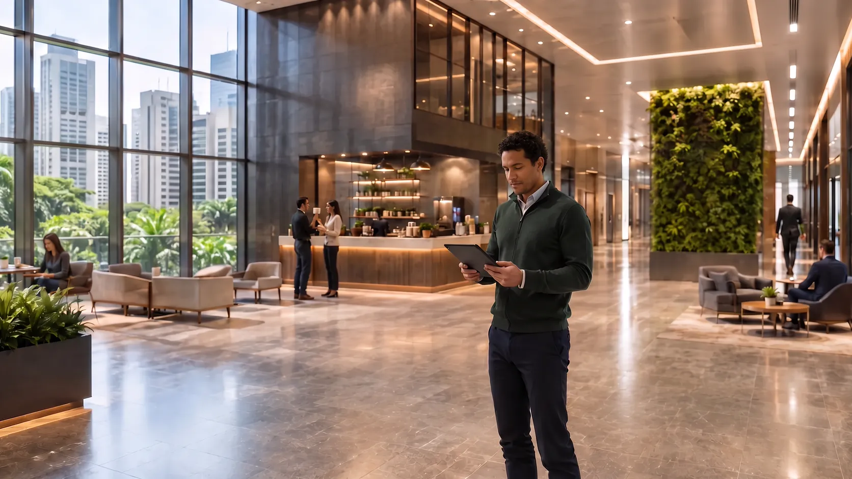 Um técnico com um tablet em um saguão corporativo iluminado, com poltronas, um café e uma parede verde; pelo vidro se veem as torres de São Paulo acima de árvores tropicais.