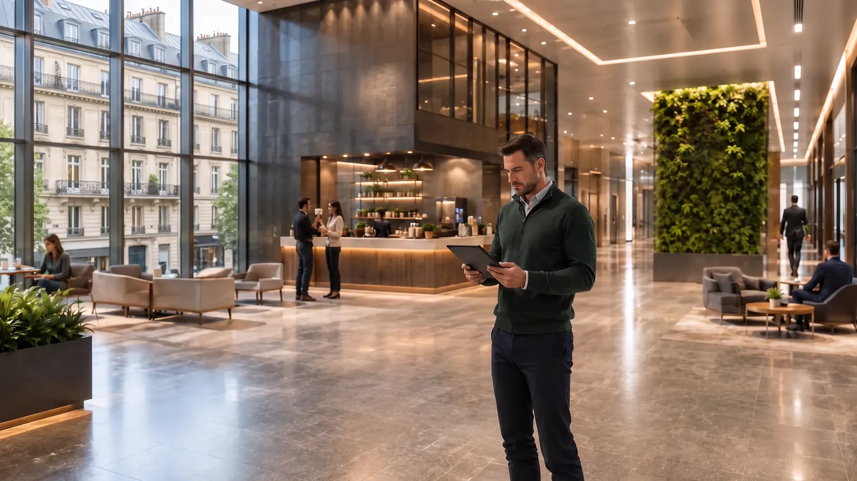 Un technicien, tablette en main, dans un hall d’entreprise lumineux avec salon, bar à café et mur végétal ; par la vitre, les immeubles parisiens en pierre de taille à balcons en fer forgé.