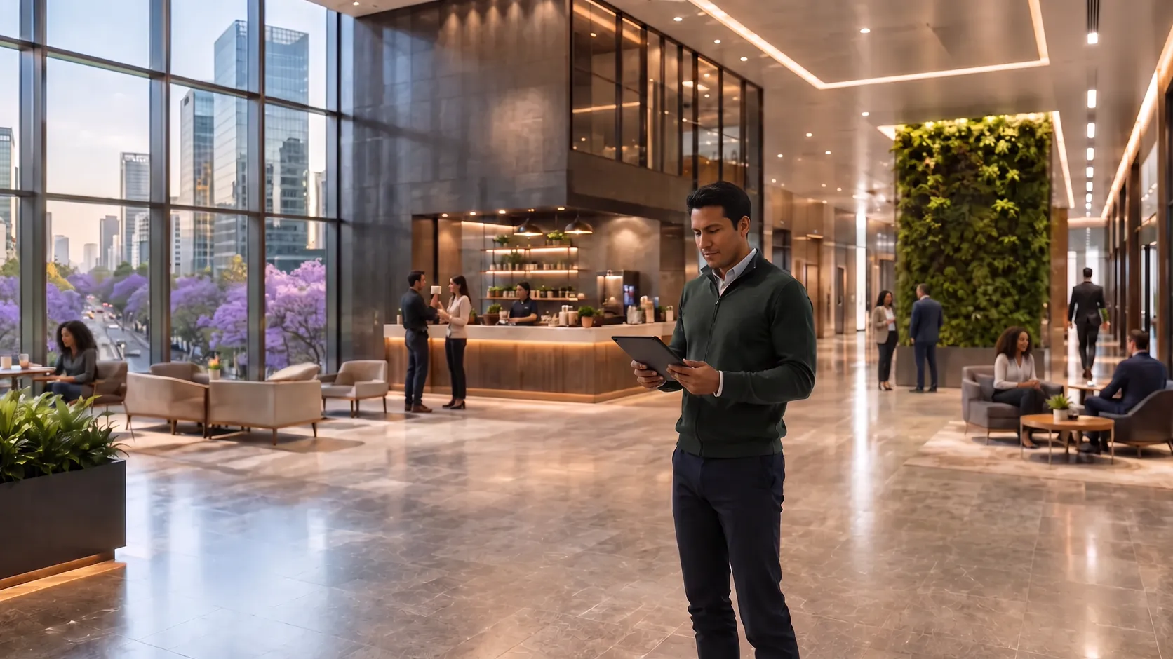 Un técnico con una tableta en un lobby corporativo luminoso, con sillones, cafetería y muro verde; por el vidrio se ven las torres de Ciudad de México sobre jacarandas en flor.