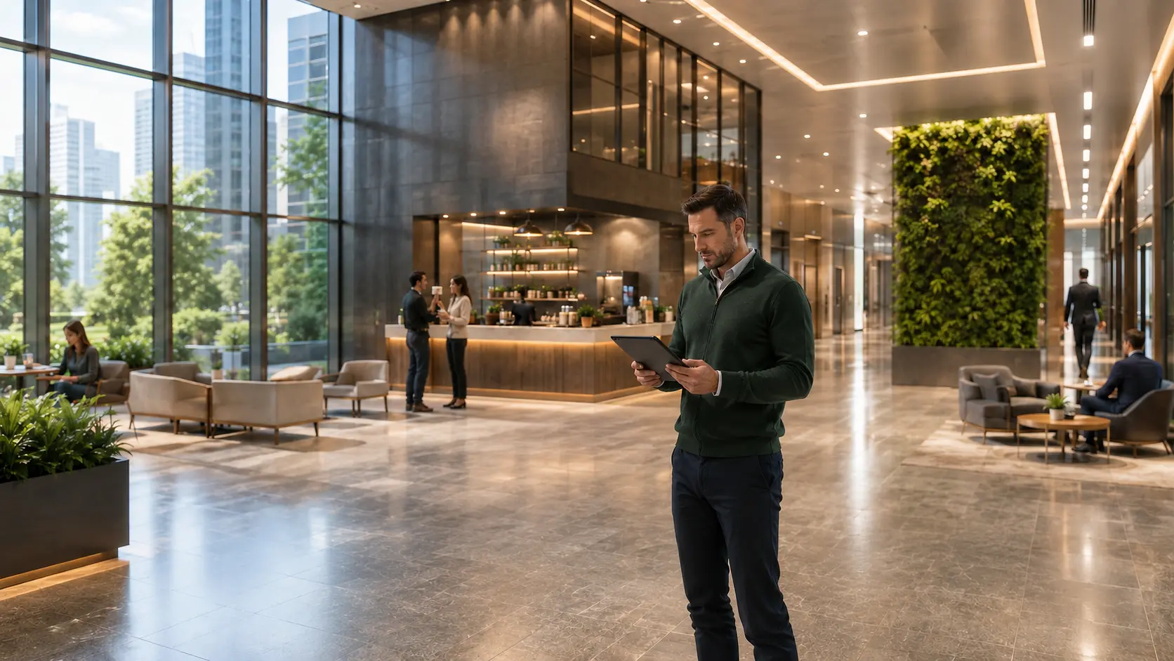 A technician with a tablet stands in a bright corporate lobby with lounge seating, a coffee bar and a living green wall.