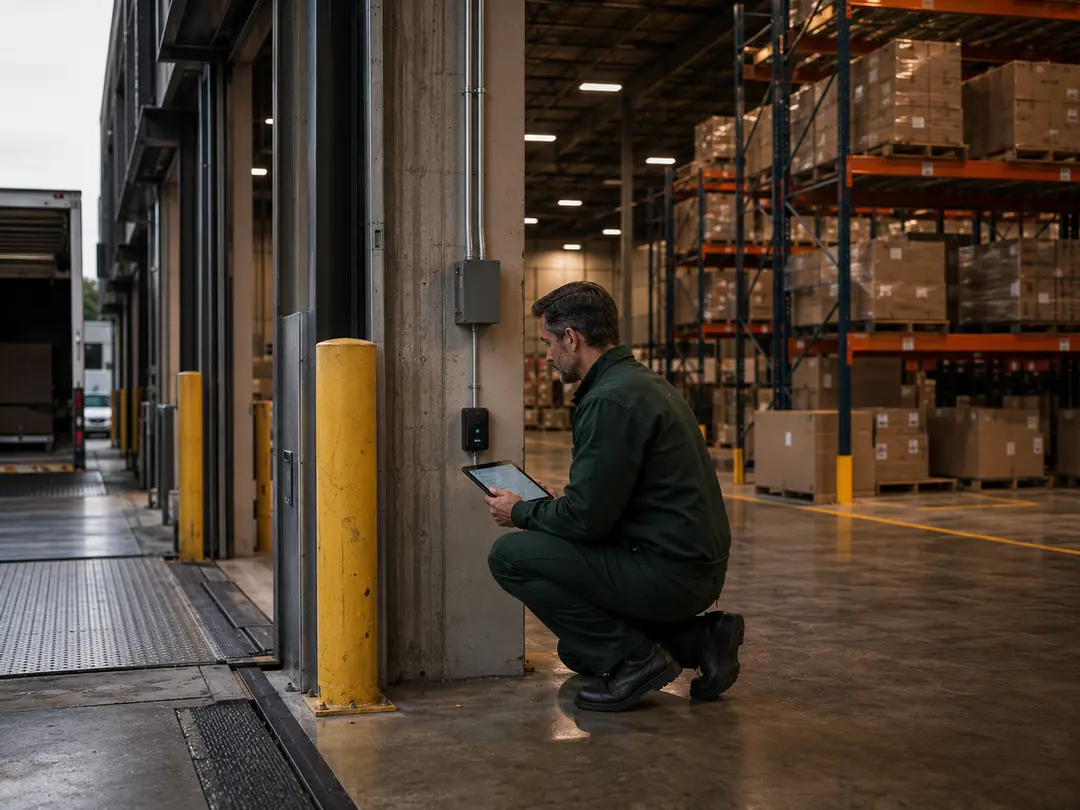 Un technicien s'agenouille près d'une porte de quai pour scanner avec sa tablette un dispositif de surveillance fixé au mur.