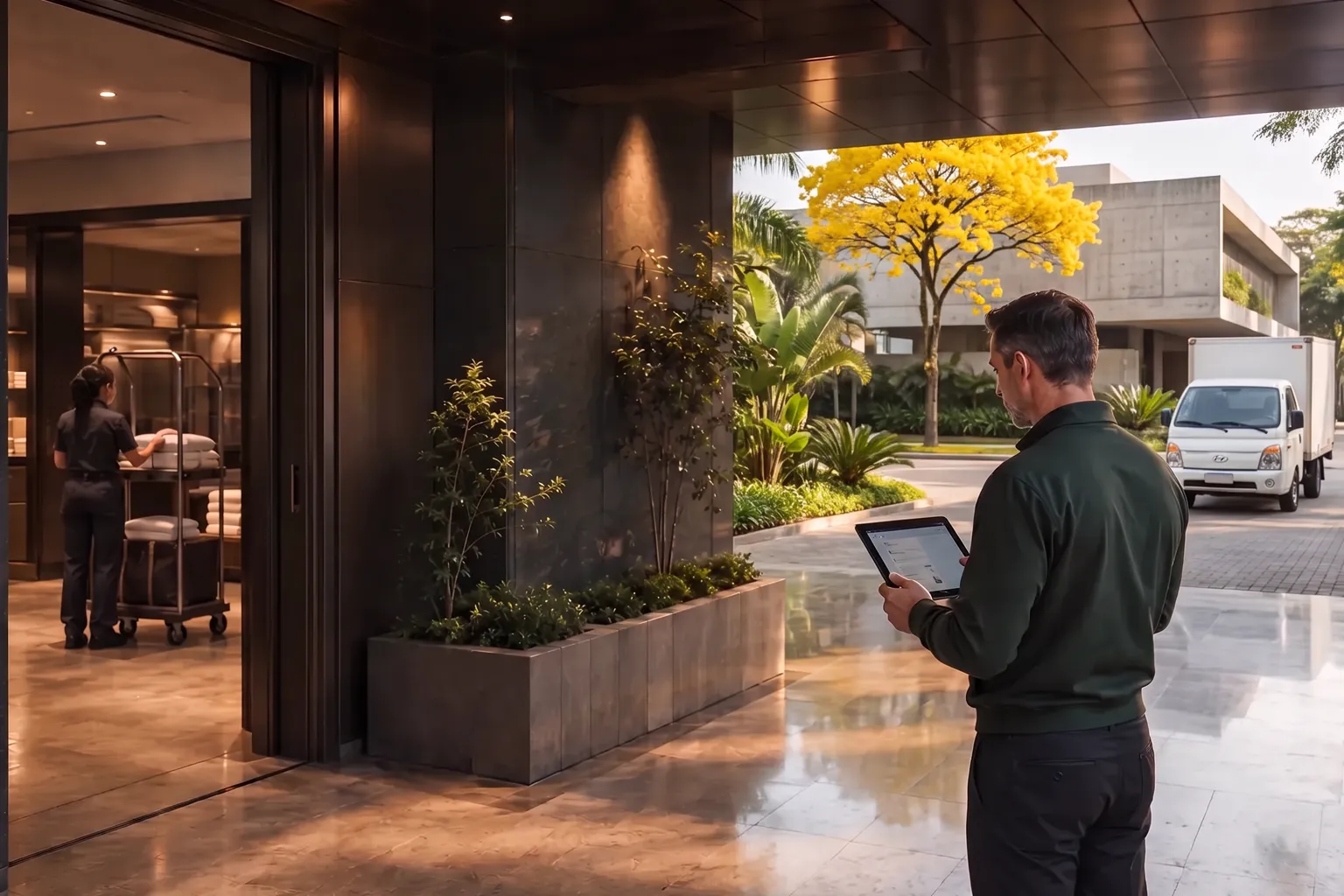 Um técnico consulta um tablet na entrada de entregas de um hotel em São Paulo, com carrinhos de enxoval lá dentro e um caminhão de entregas ao lado de um ipê-amarelo e de um prédio de concreto.