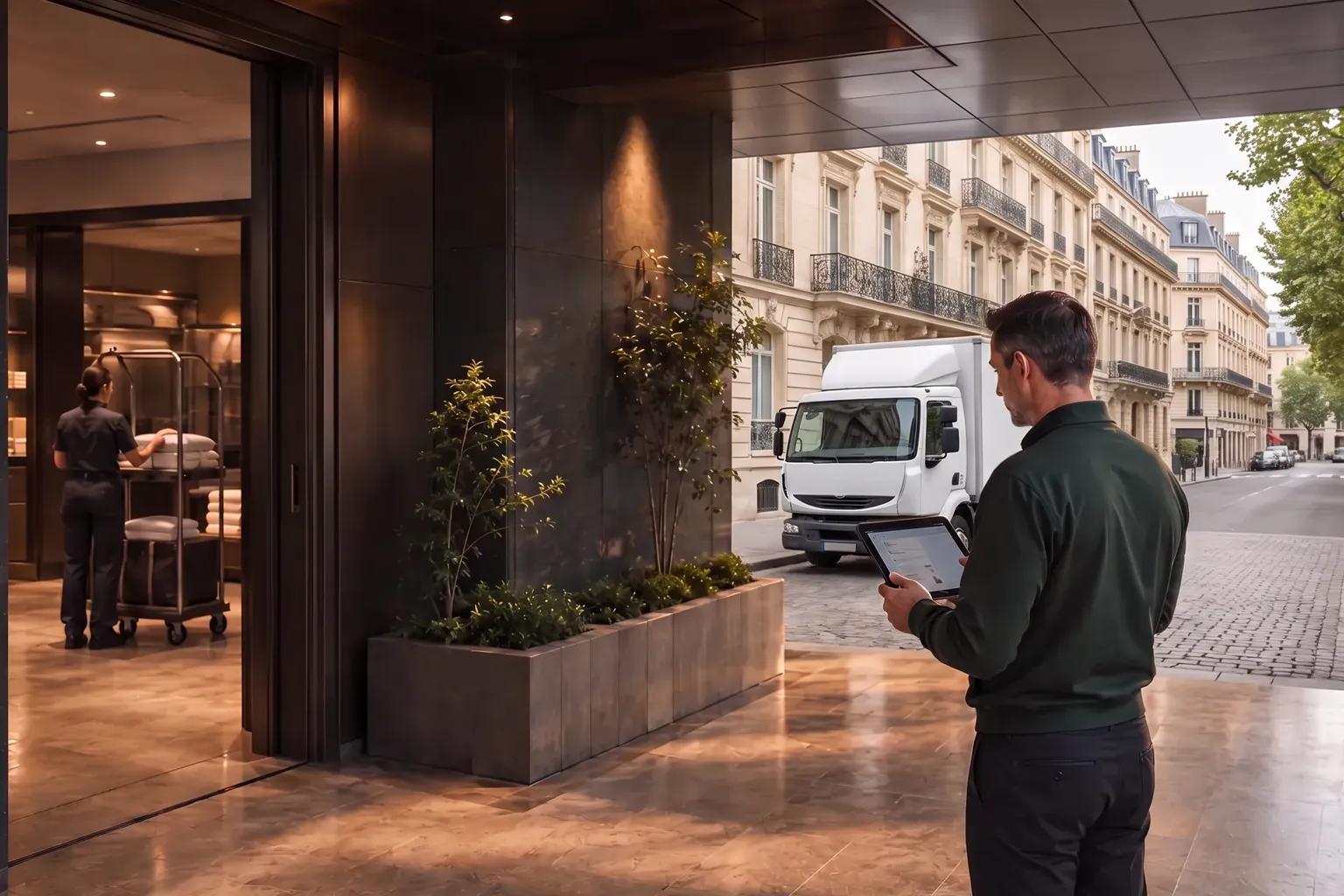 Un technicien lit sa tablette à l’accès livraisons d’un hôtel dans une rue de Paris, chariots de linge à l’intérieur, et un camion de livraison près d’immeubles en pierre de taille à balcons en fer forgé.