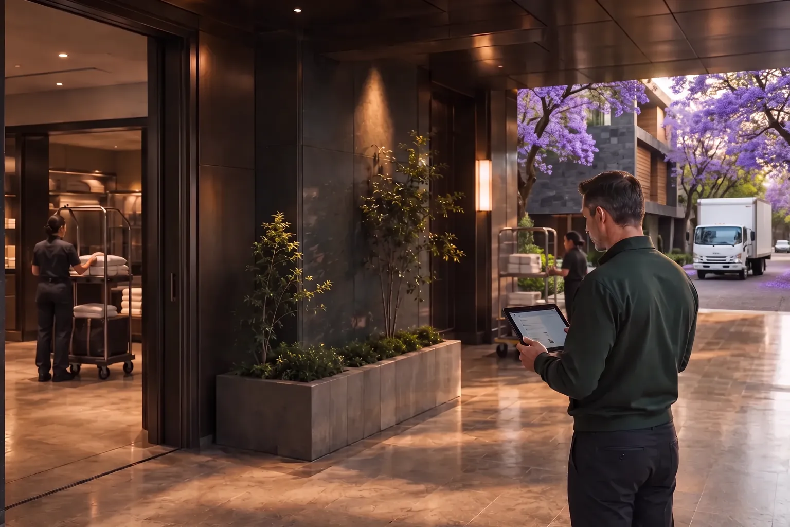 Un técnico consulta una tableta en la entrada de entregas de un hotel en Ciudad de México, con carros de blancos adentro y un camión de reparto bajo jacarandas en flor.