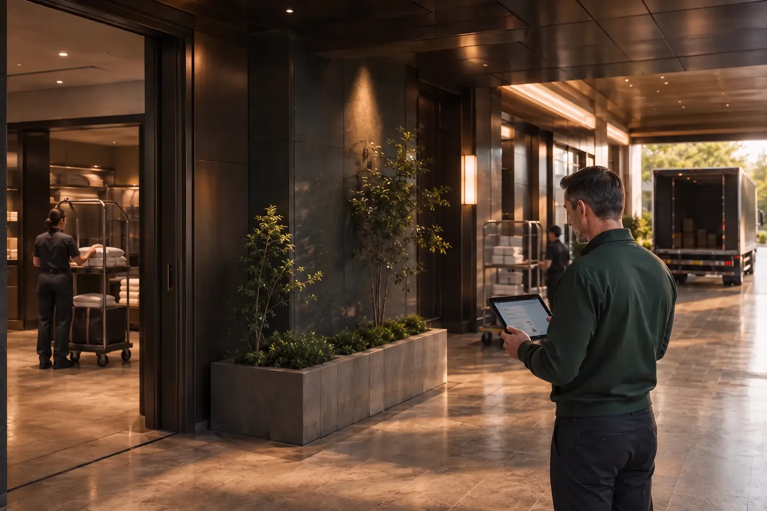 A technician reads a tablet at a hotel's deliveries entrance, with linen trolleys inside and a truck unloading behind him.