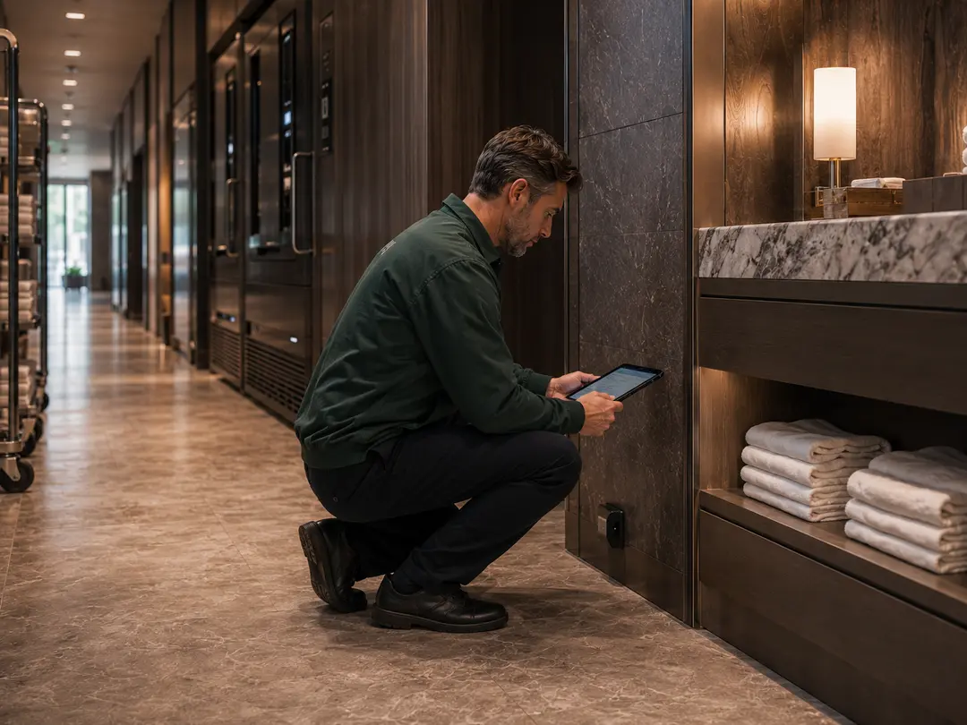 Un technicien accroupi dans un couloir d'hôtel scanne avec sa tablette un petit dispositif de surveillance au pied du mur.