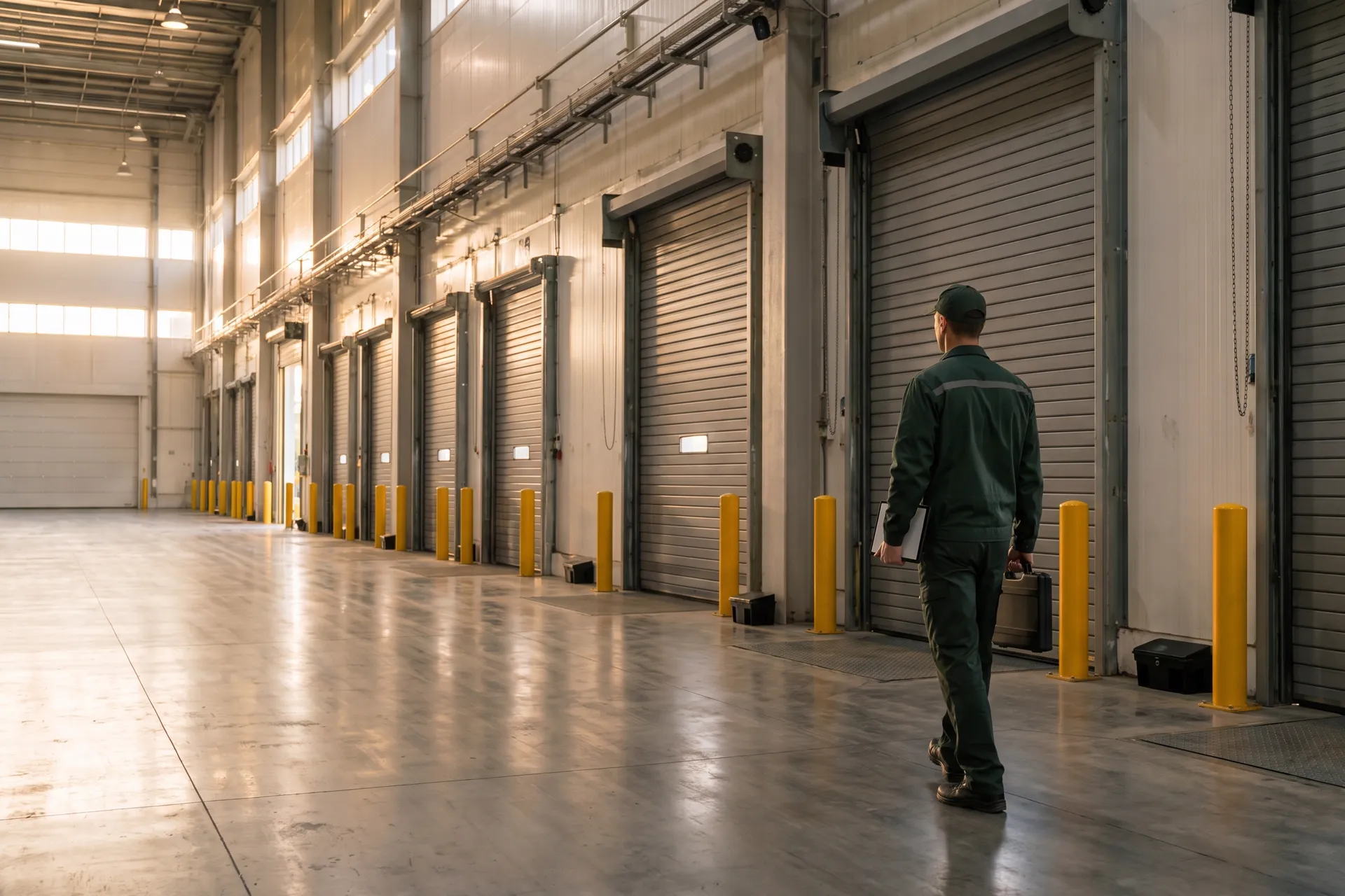 Early morning in a large distribution center: a pest control technician carrying a service case and a clipboard walks along a row of closed grey dock doors and yellow bollards.