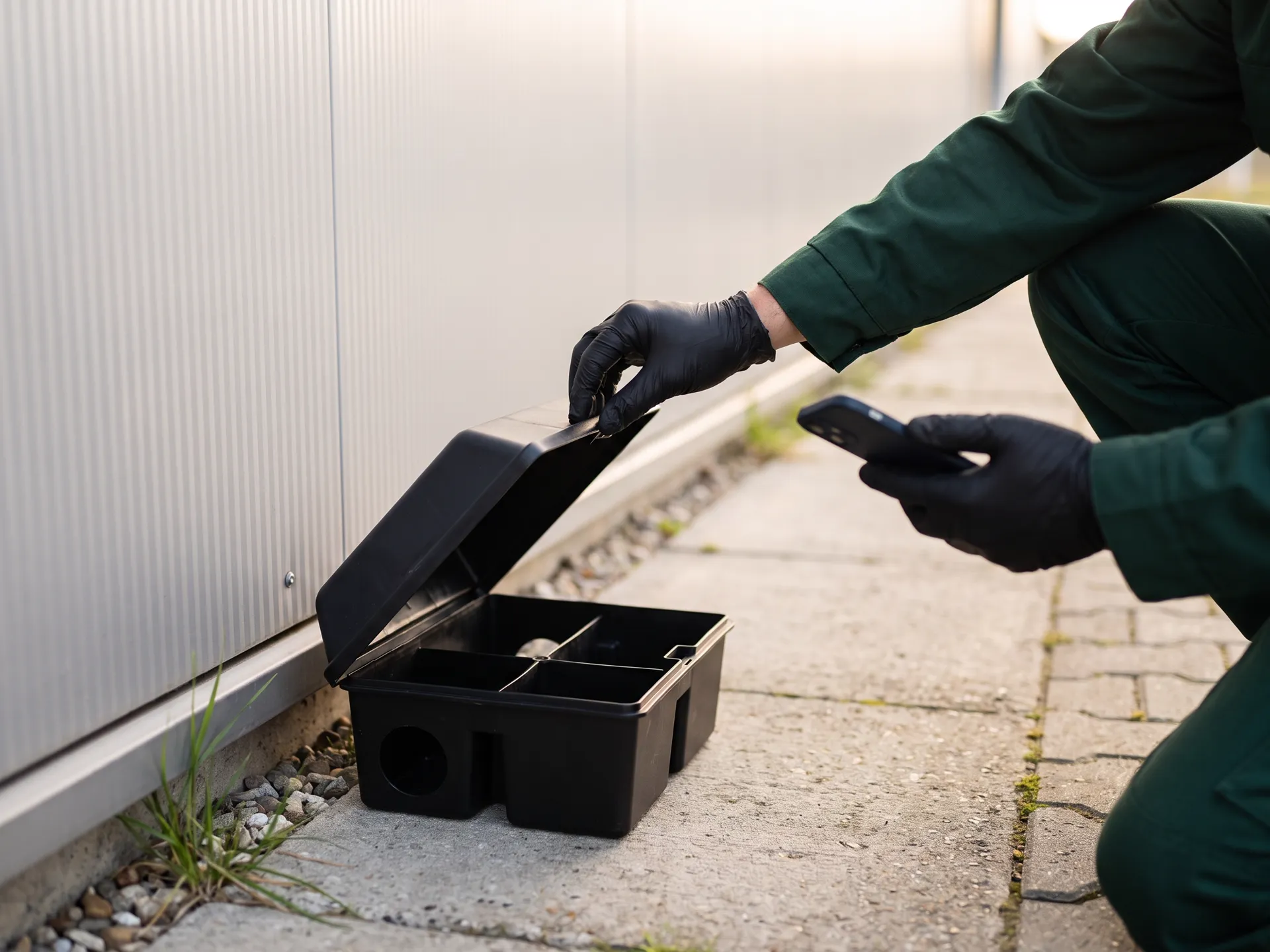Gloved hands lift the lid of an empty black bait station at the foot of a metal-panel wall while the other hand holds a phone.