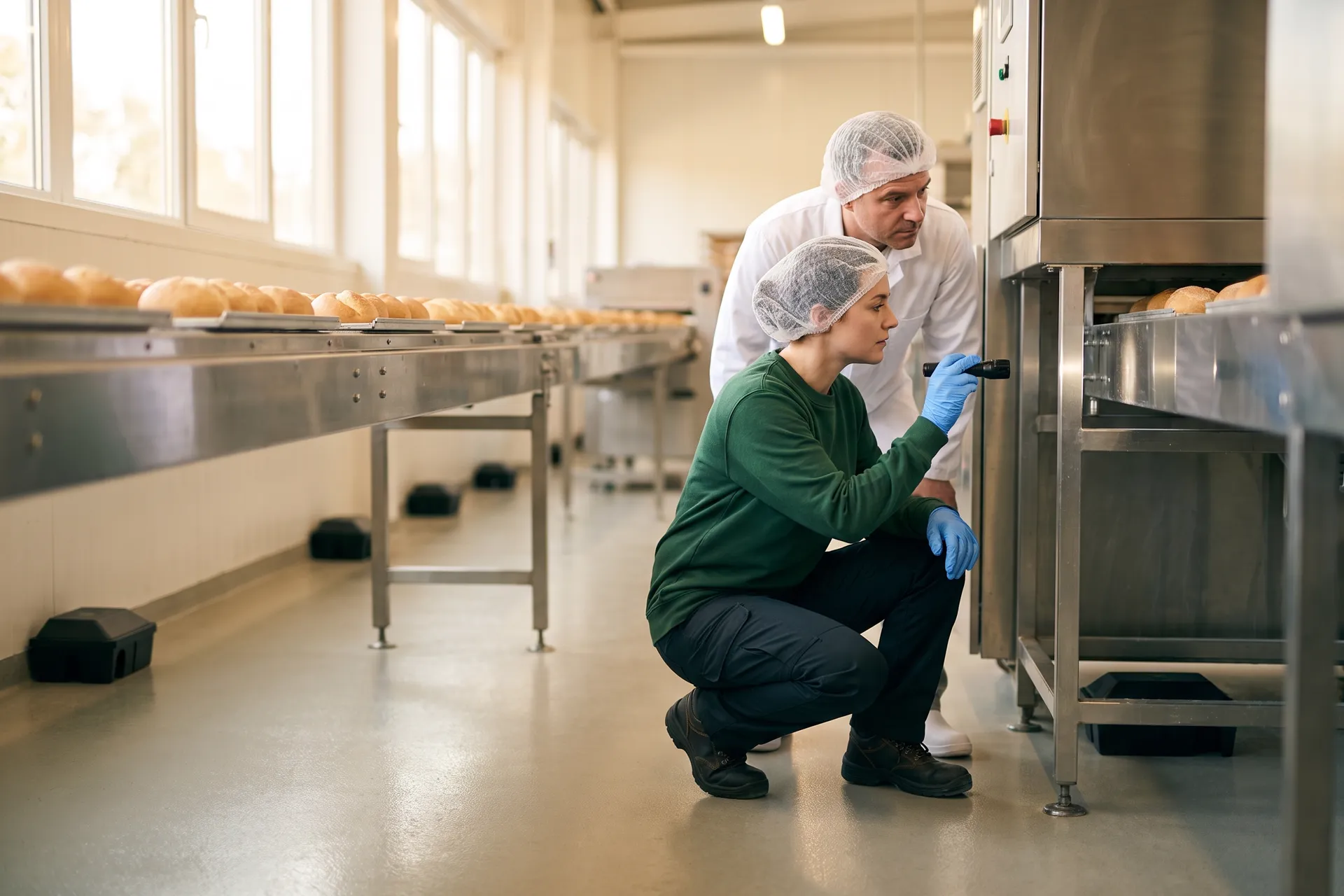Dans l’atelier de production d’une boulangerie industrielle, une technicienne de lutte contre les nuisibles en charlotte et gants bleus, accroupie au bout d’une ligne en inox, éclaire dessous avec une lampe torche tandis que le responsable qualité du site, en blouse blanche, regarde l’endroit qu’elle désigne.