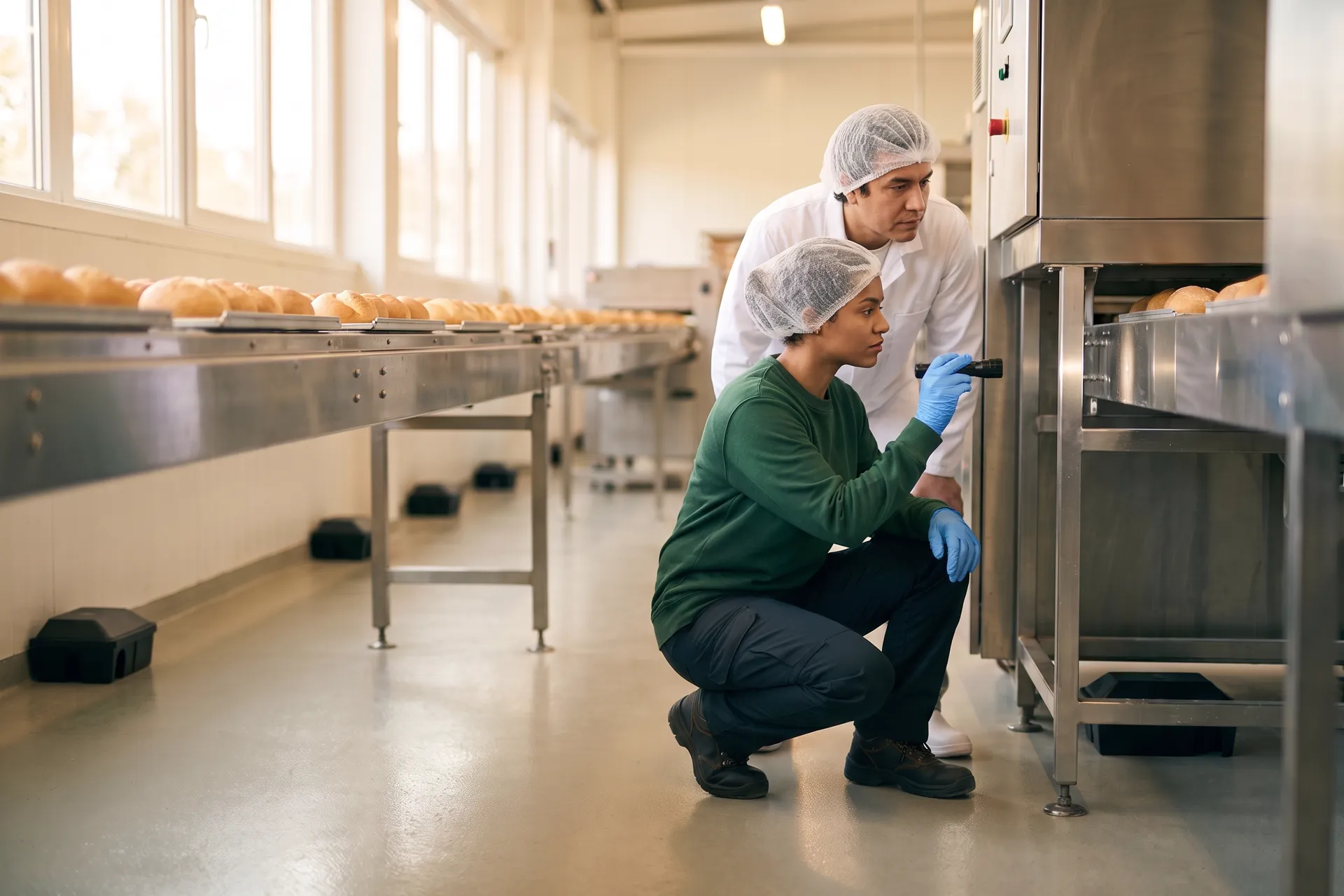 En el área de producción de una panificadora, una técnica de control de plagas con cofia y guantes azules se agacha al final de una línea de acero inoxidable y alumbra debajo con una linterna, mientras el gerente de calidad de la planta, con bata blanca, mira hacia donde ella señala.