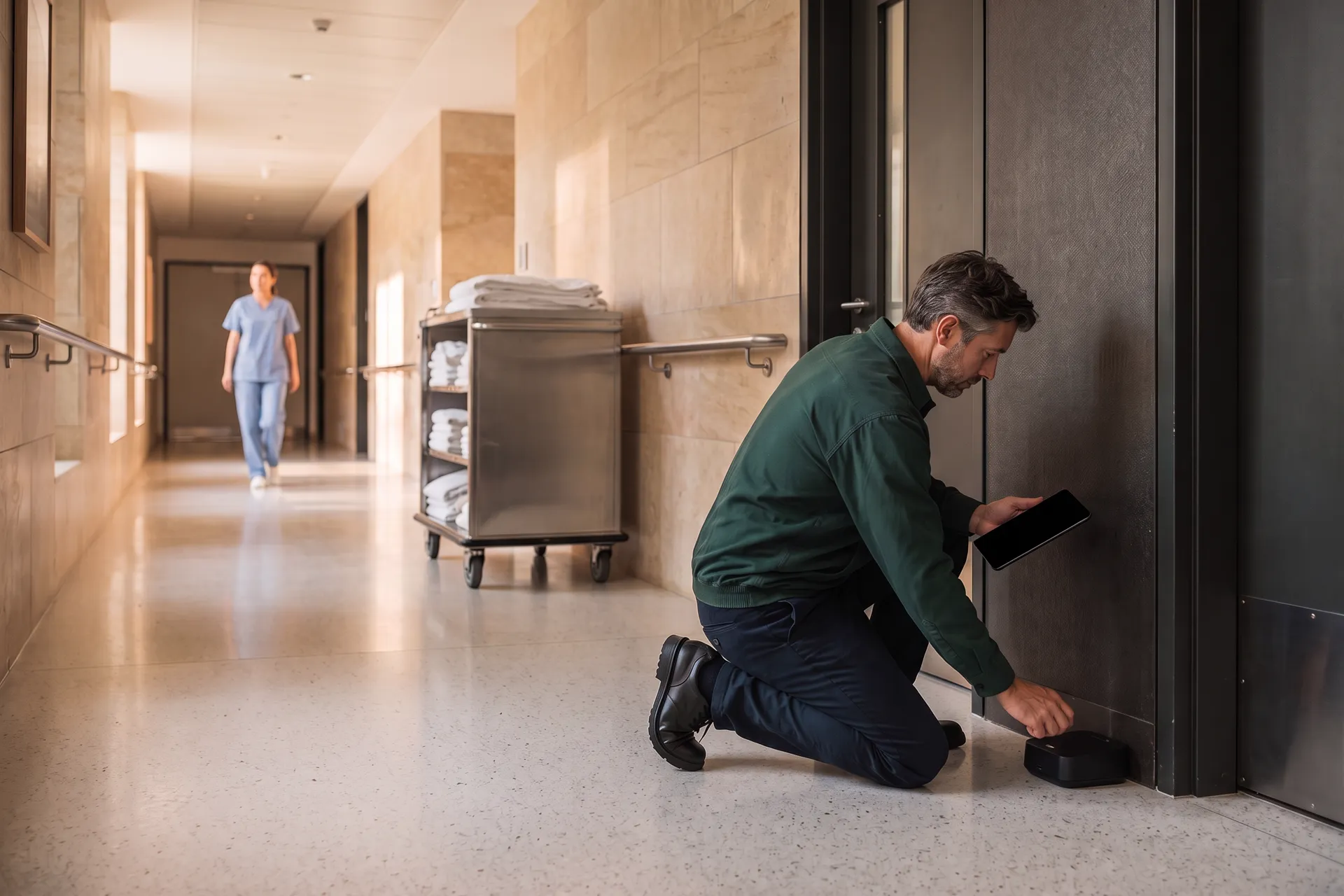 A pest control technician kneels in a hospital service corridor to check a small monitoring device at the foot of a wall beside a utility room door, while a nurse in pale blue scrubs walks past a linen cart further down.