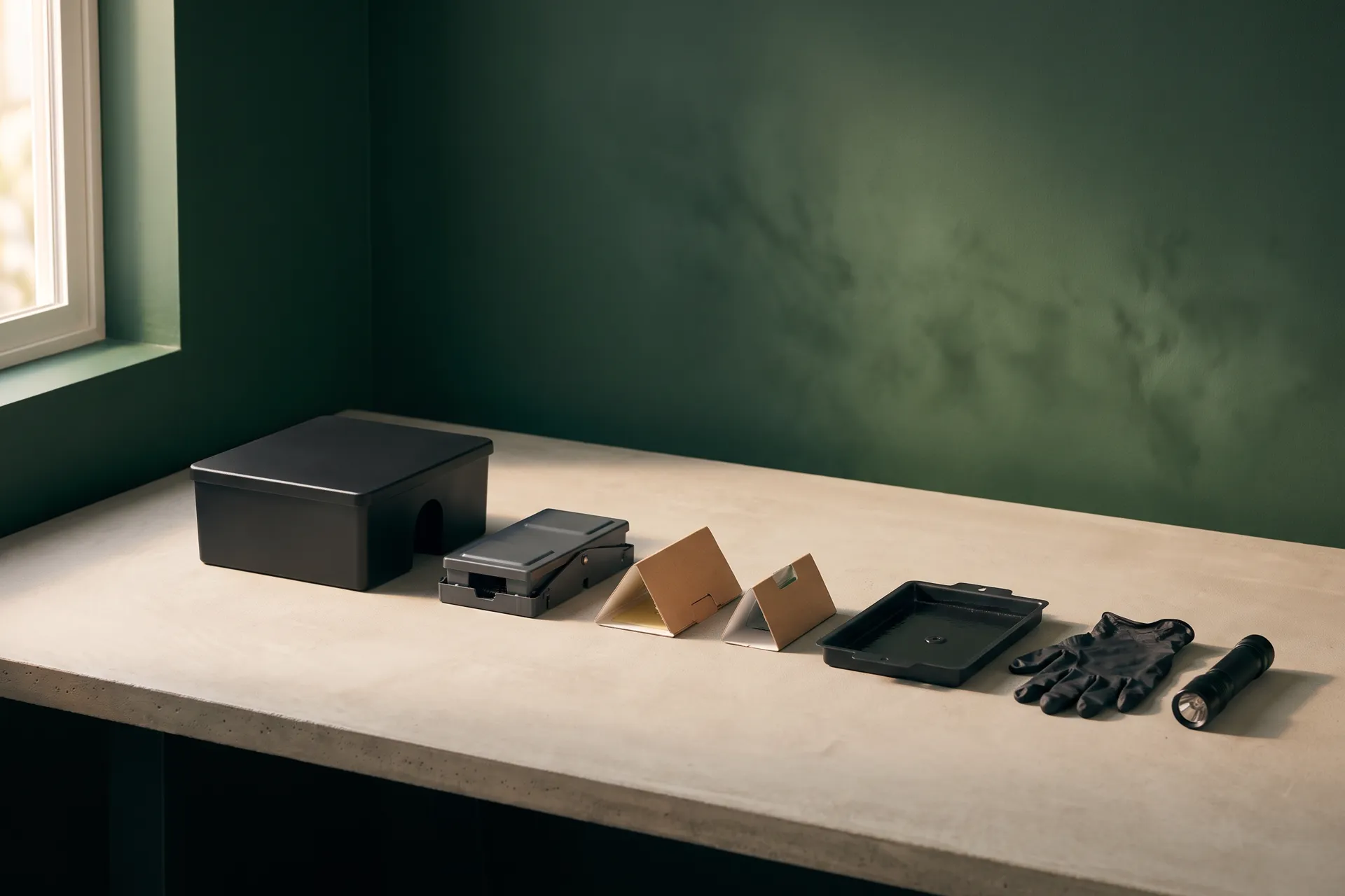 The devices of a commercial pest program laid out on a pale workbench: a black bait station, a dark multi-catch trap, two small pheromone monitors, a light-trap board tray, black gloves and a torch.
