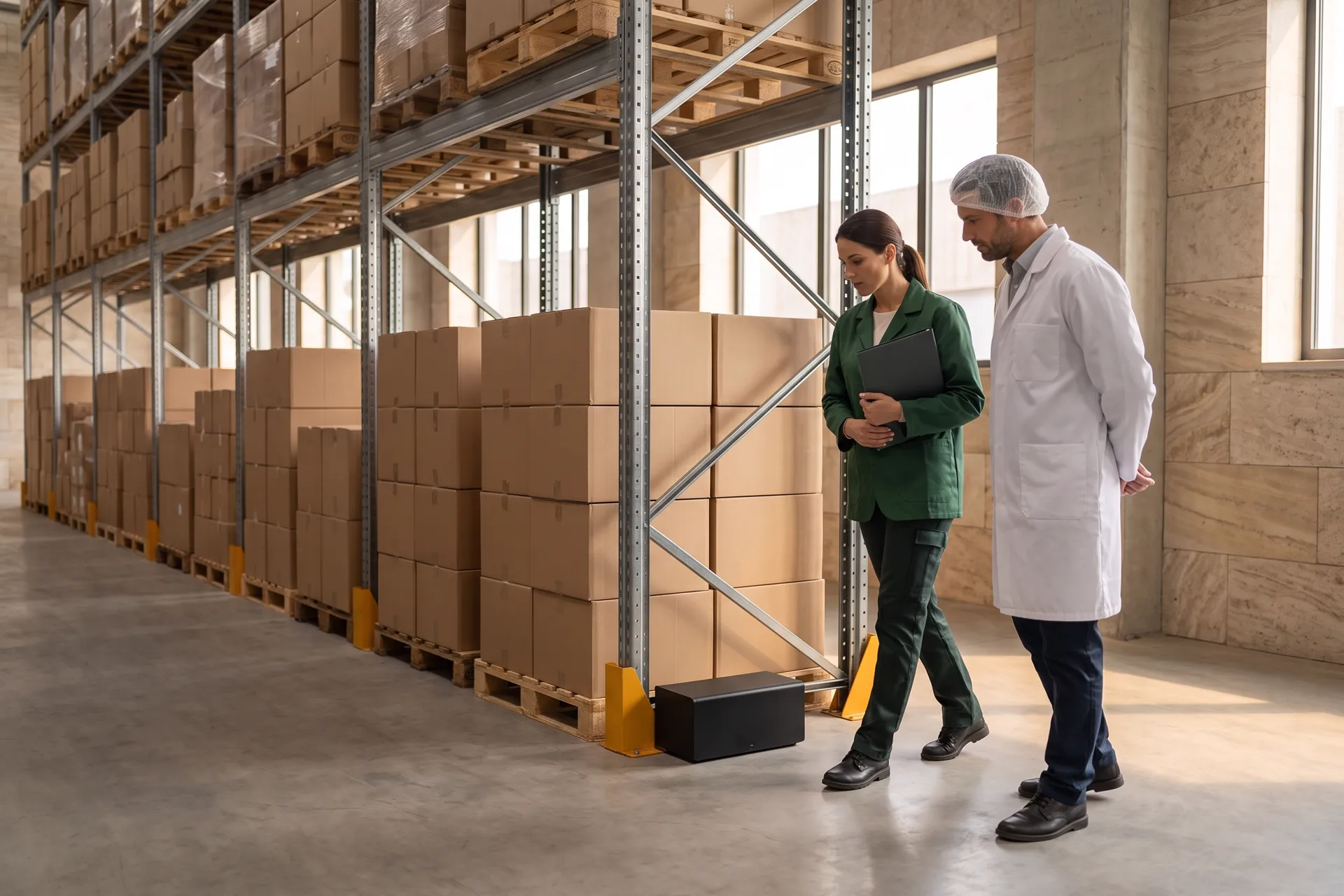 In a food manufacturer’s dry-goods warehouse an account manager holding a closed folder walks the racking aisle with the client’s food-safety manager in a white coat and hairnet.