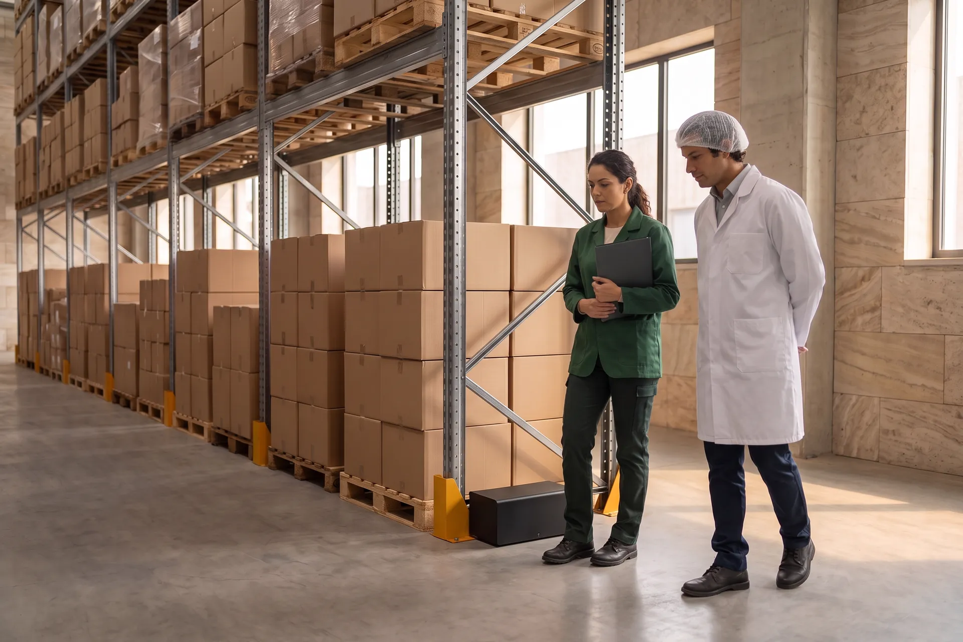 En el almacén de secos de un fabricante de alimentos, un ejecutivo de cuenta de control de plagas con una carpeta cerrada recorre el pasillo de racks junto a la gerente de inocuidad del cliente, con bata blanca y cofia.