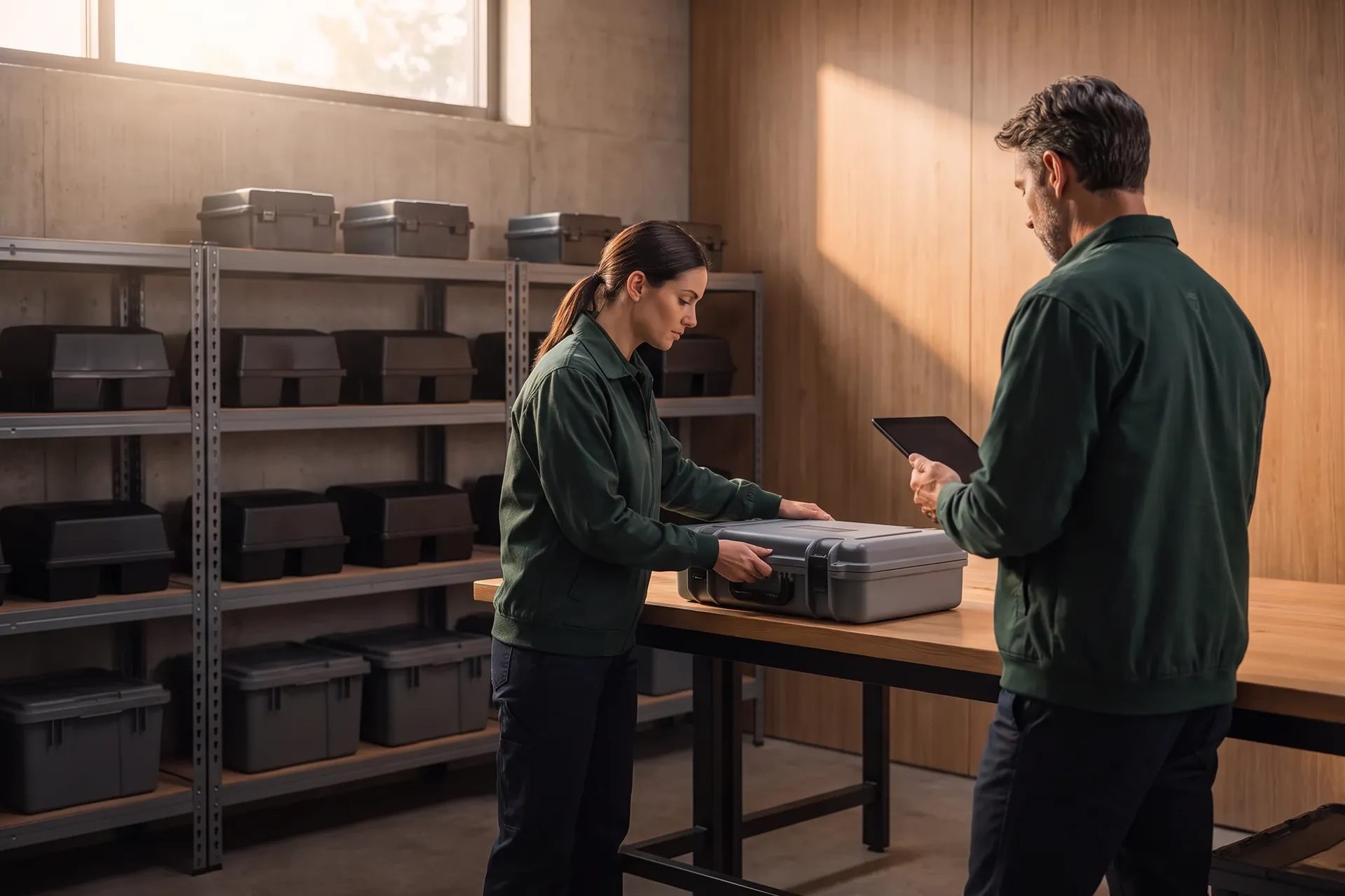 Two pest control technicians in dark green jackets prepare for their rounds at a workshop bench, one closing a grey service case and the other checking a tablet, beside steel shelving stacked with black bait stations.