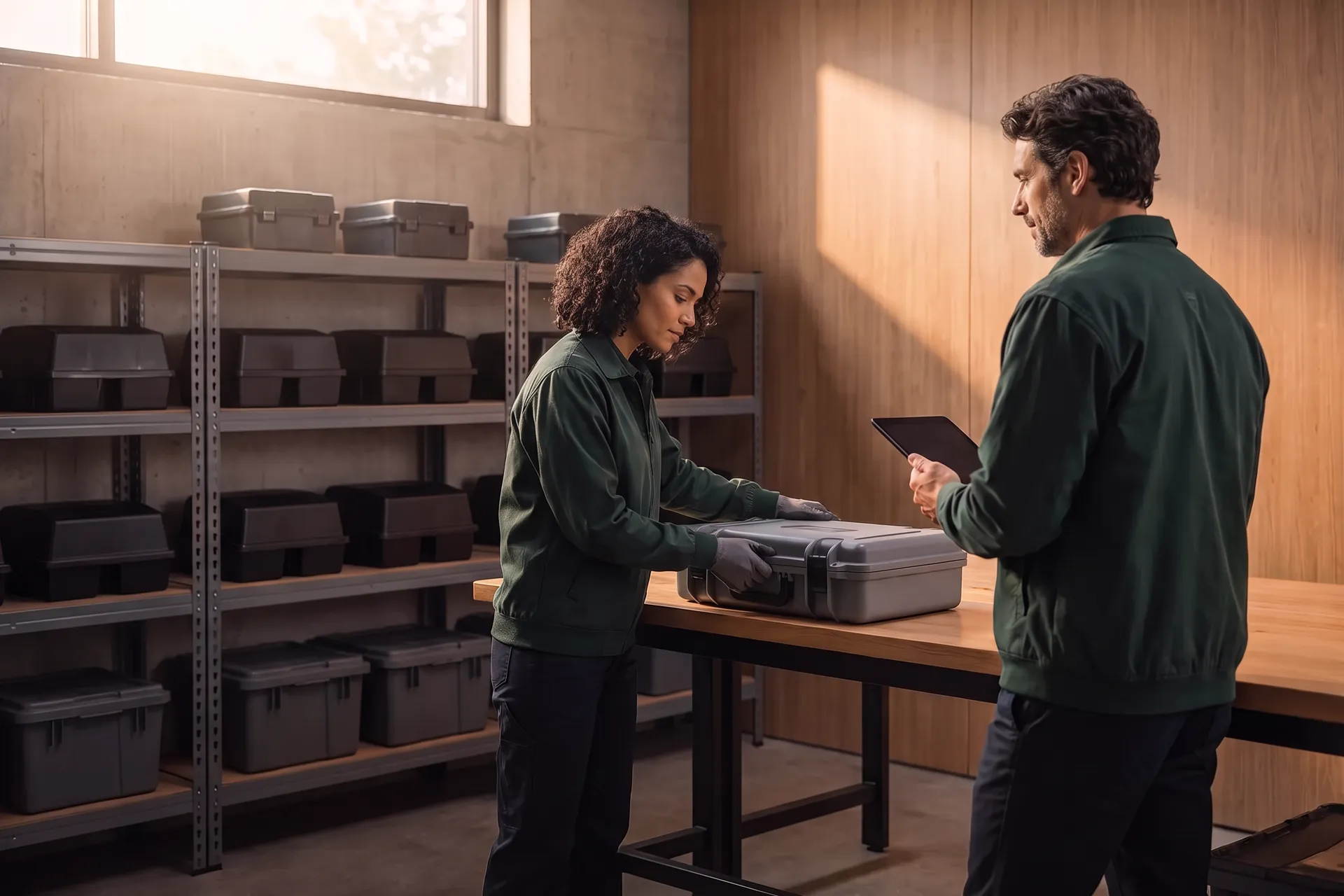 Dos técnicos de control de plagas preparan sus maletines de servicio en una mesa del taller ordenado de su empresa, con estantes de estaciones cebaderas negras lisas y cajas de trampas detrás.