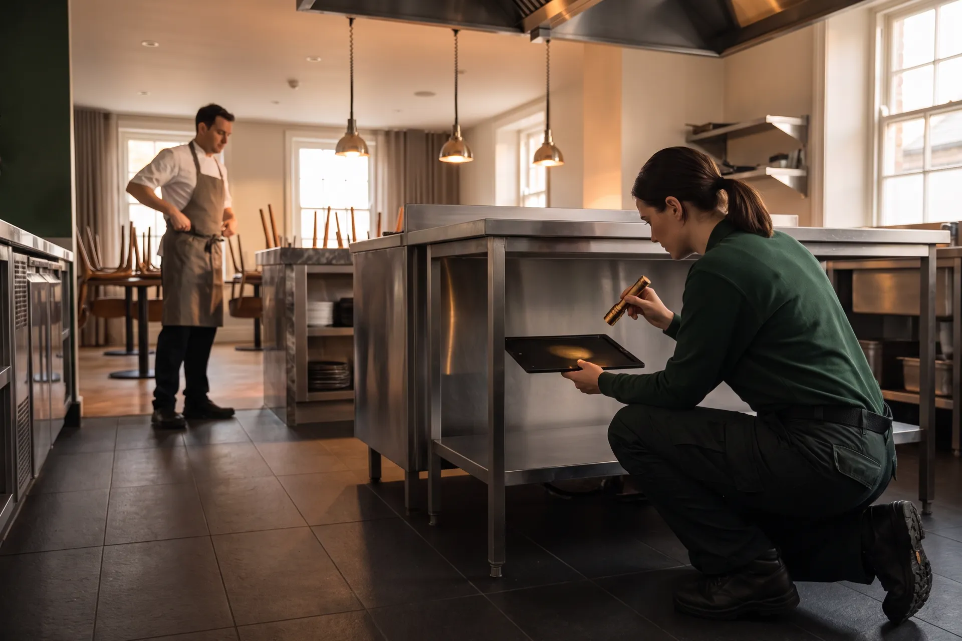 Early morning in a restaurant kitchen before service: a pest control technician kneels with a small torch to check a monitor under a stainless prep table while the head chef arrives in the background.