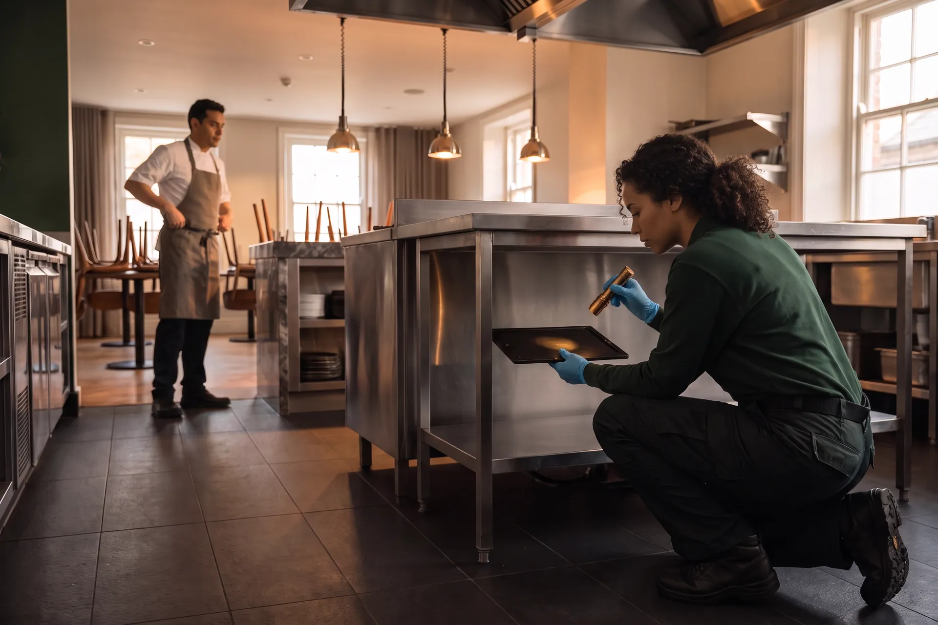 Temprano en la cocina de un restaurante, antes del servicio: un técnico de control de plagas, arrodillado con una pequeña linterna, revisa un monitor bajo una mesa de preparación de acero inoxidable mientras el chef ejecutivo llega al fondo, con las sillas todavía volteadas sobre las mesas del comedor.
