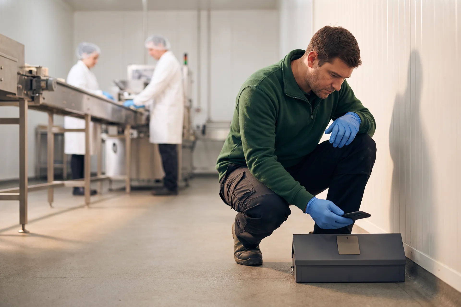 Un technicien de lutte contre les nuisibles en gants bleus, accroupi près d’un piège bas au pied d’un mur dans un atelier de production alimentaire, tient un téléphone au-dessus de son étiquette, tandis que deux opérateurs en blouse blanche et charlotte travaillent sur une ligne en inox derrière lui.
