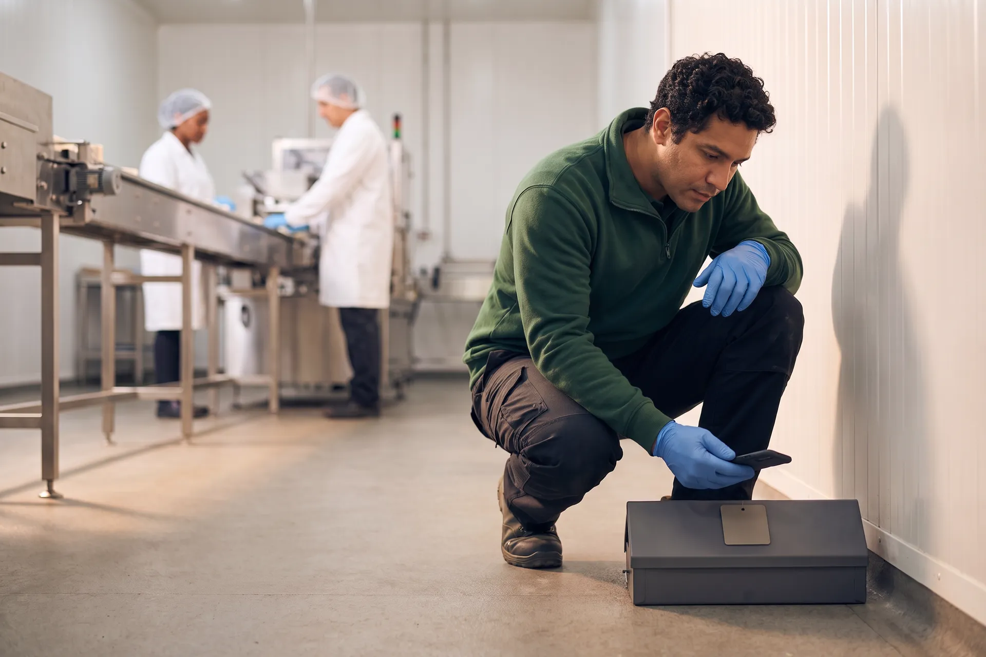 Un técnico de control de plagas con guantes azules se agacha junto a una trampa baja al pie de una pared en una sala de producción de alimentos y acerca un celular a su etiqueta, mientras detrás dos trabajadores con bata blanca y cofia trabajan en una línea de acero inoxidable.
