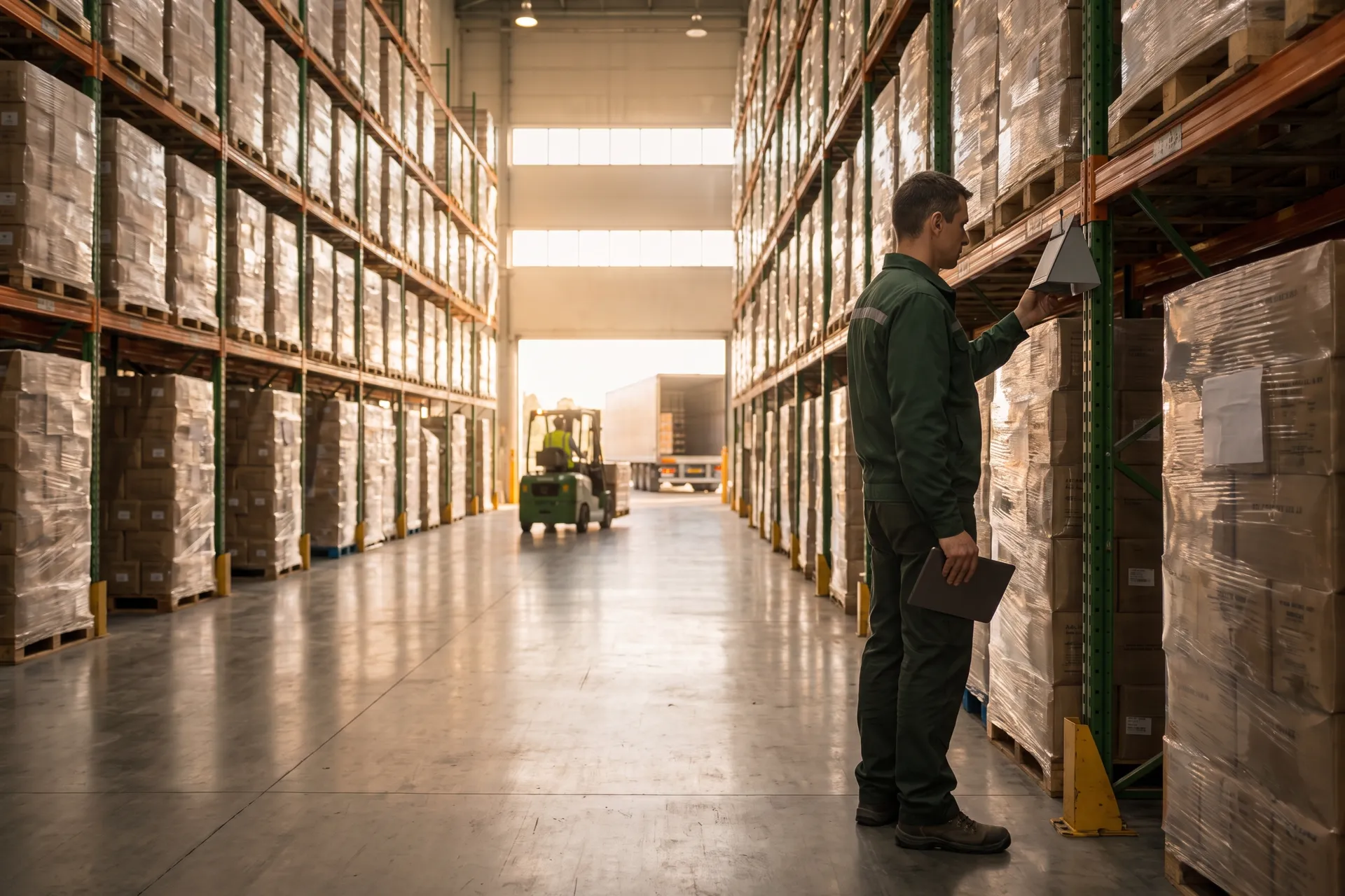 Dans une allée d’entrepôt de produits secs bordée de hauts racks à palettes, un technicien de lutte contre les nuisibles contrôle un petit piège à phéromones triangulaire fixé à un montant de rack, tandis qu’un chariot élévateur traverse tout au fond de l’allée.