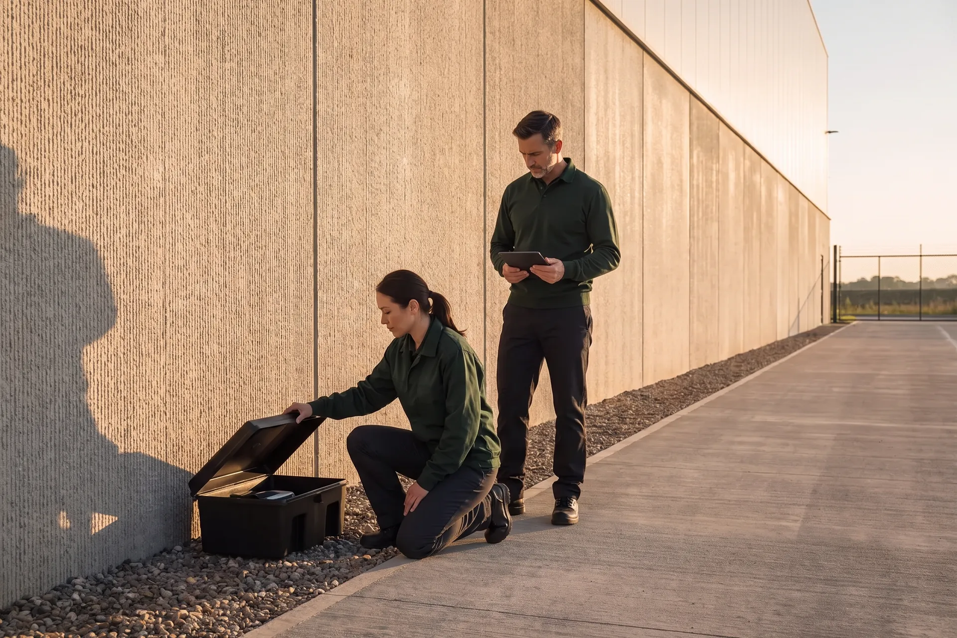 At sunrise two pest control technicians work along the long concrete wall of a food plant: one kneels on the gravel strip and lifts the lid of a black bait station, the other stands beside her holding a tablet.